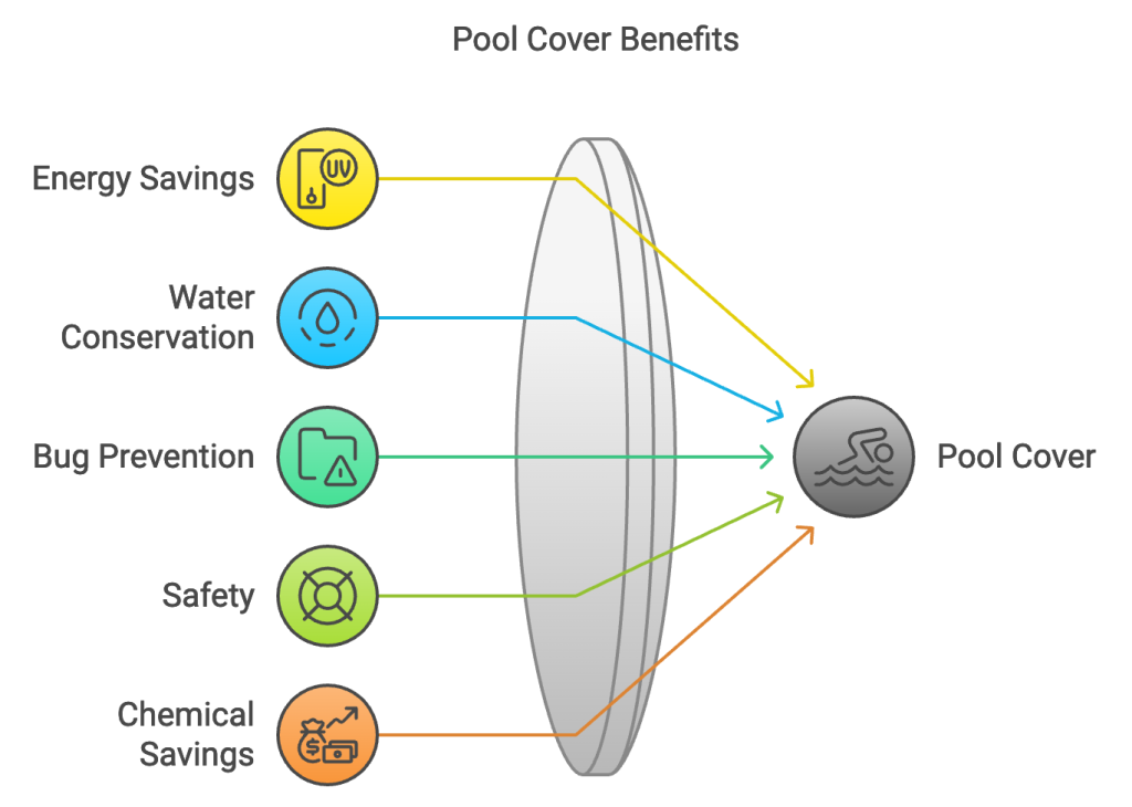 designer pool covers Diagram illustrating pool cover benefits: energy savings, water conservation, bug prevention, safety, and chemical savings. Each benefit is linked to a central swimming pool protection icon.
