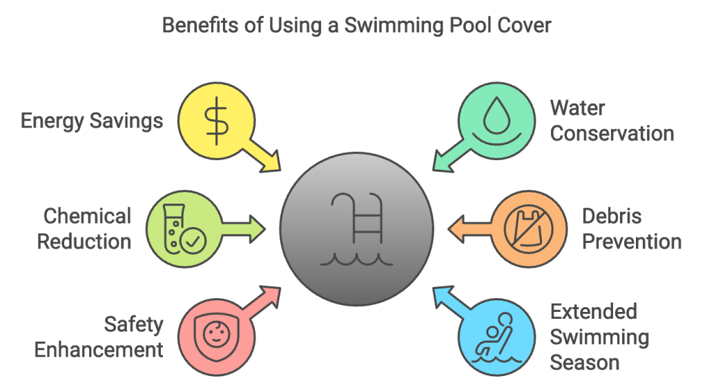 designer pool covers Infographic showcasing the benefits of pool cover protection: energy savings, chemical reduction, safety enhancement, water conservation, debris prevention, and an extended swimming season for your swimming pool.